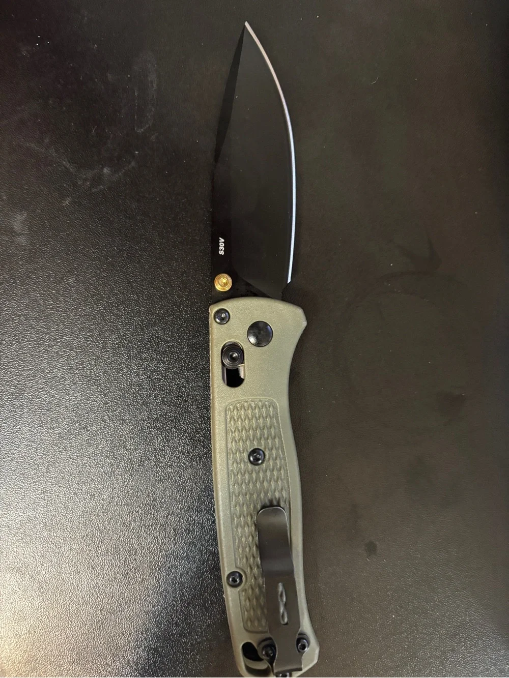 Bench Made 535 BUGOUT Blade Folding Knife with Olive Green Handle - Picture 2 of 6
